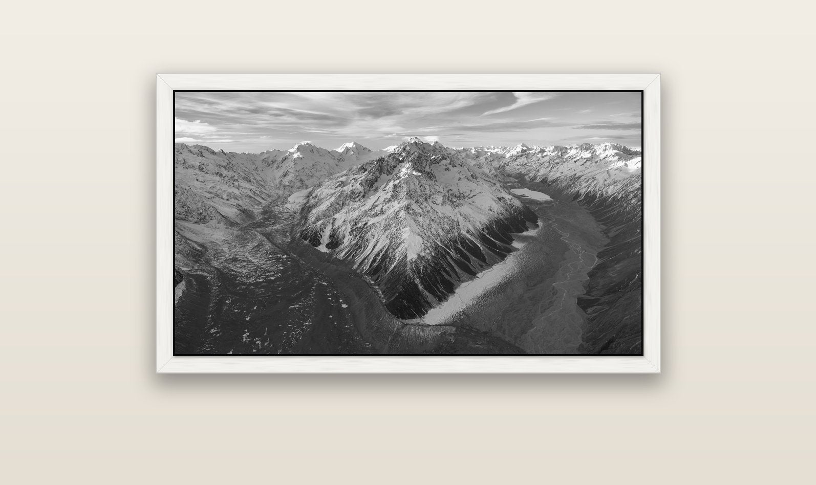Rivers of Ice, Southern Alps — white float frame canvas, 102 × 56 cm. New Zealand fine art landscape wall art by Stephen Milner.