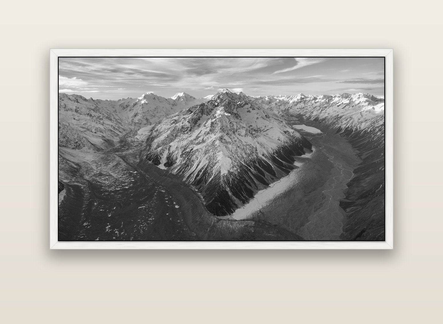 Rivers of Ice, Southern Alps — white float frame canvas, 152 × 86 cm. New Zealand fine art landscape wall art by Stephen Milner.