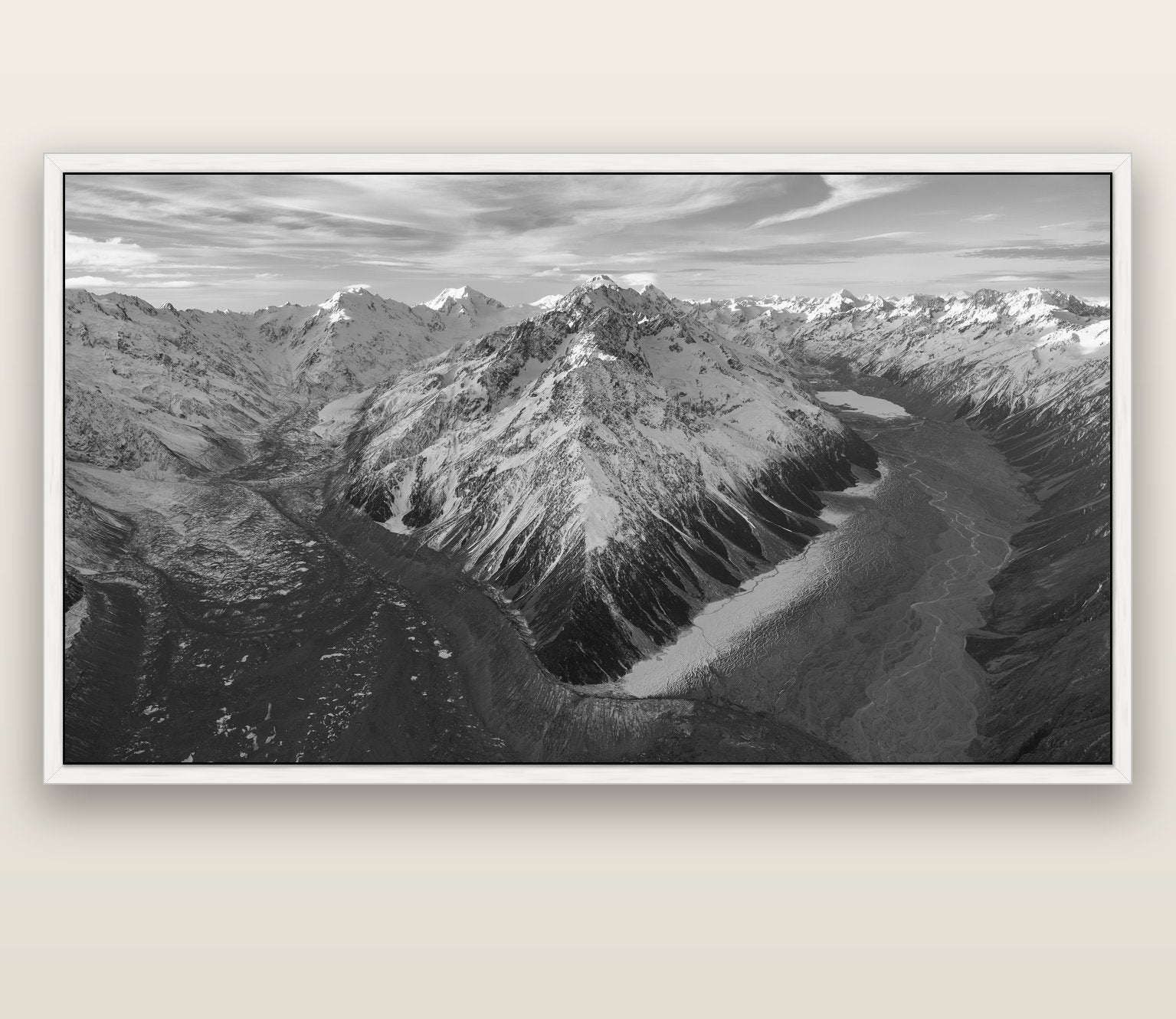Rivers of Ice, Southern Alps — white float frame canvas, 200 × 130 cm. New Zealand fine art landscape wall art by Stephen Milner.