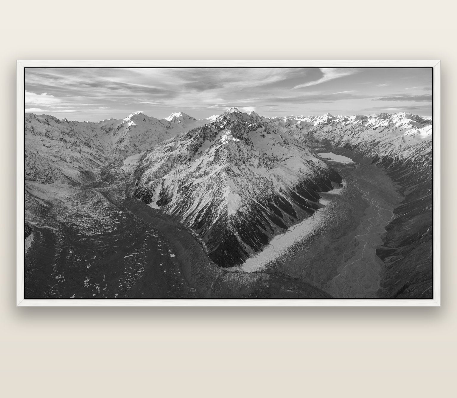 Rivers of Ice, Southern Alps — white float frame canvas, 201 × 99 cm. New Zealand fine art landscape wall art by Stephen Milner.
