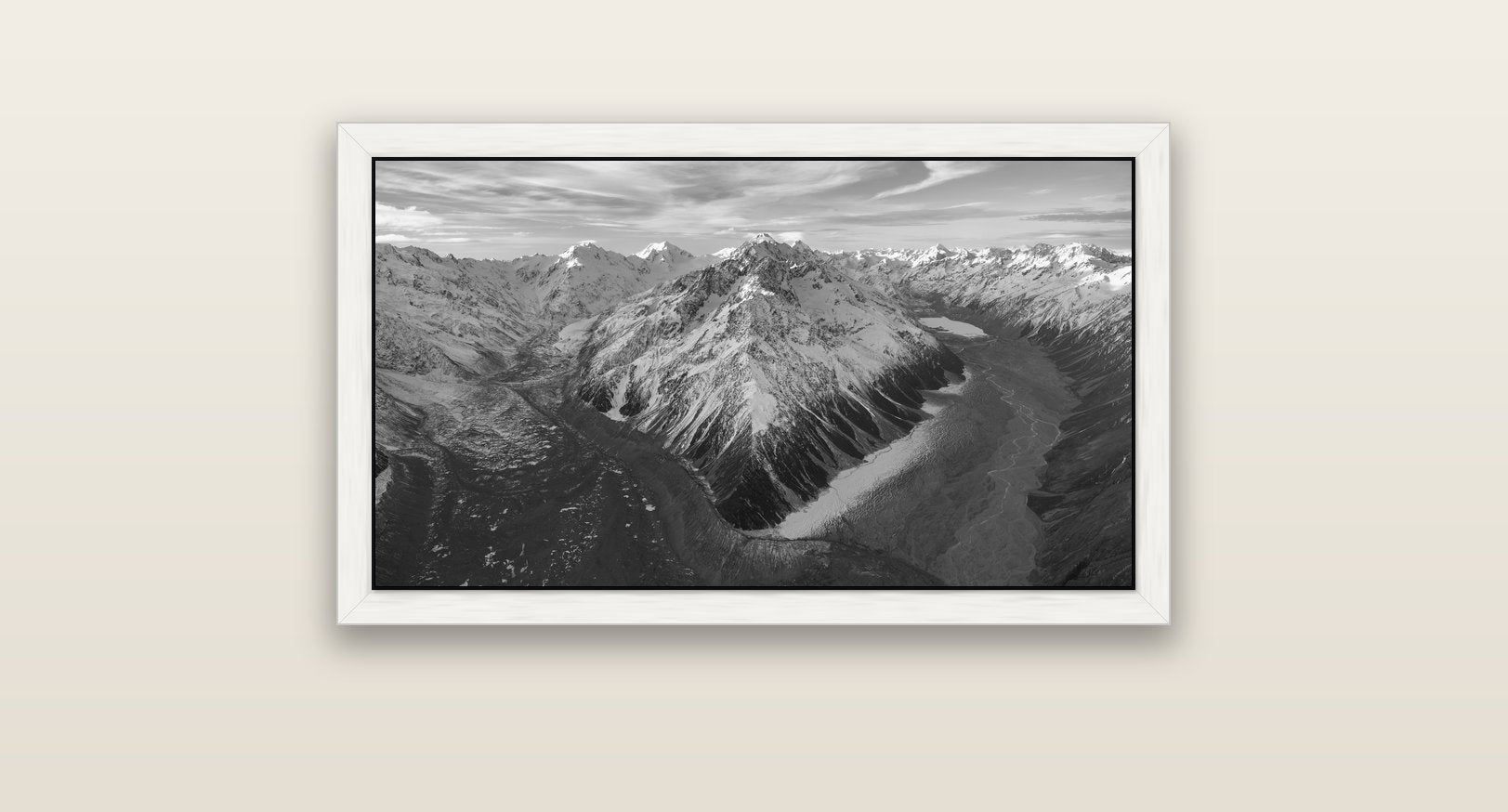 Rivers of Ice, Southern Alps — white float frame canvas, 81 × 46 cm. New Zealand fine art landscape wall art by Stephen Milner.