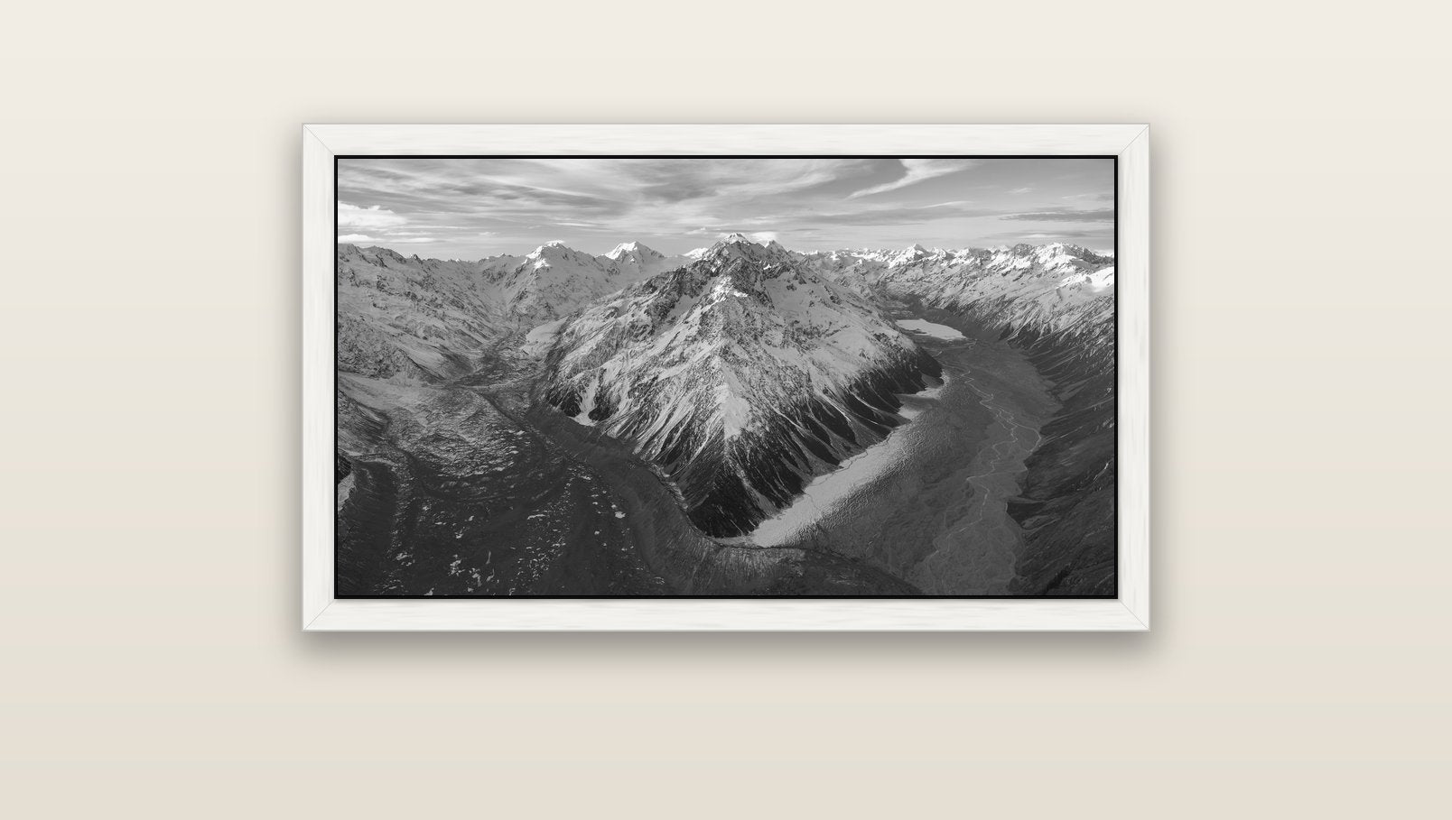 Rivers of Ice, Southern Alps — white float frame canvas, 91 × 51 cm. New Zealand fine art landscape wall art by Stephen Milner.