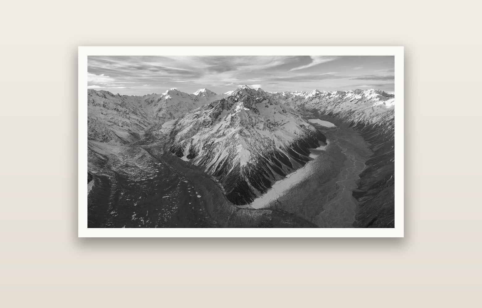 Rivers of Ice, Southern Alps — Hahnemühle fine art print, 120 × 70 cm. New Zealand fine art landscape photography by Stephen Milner.