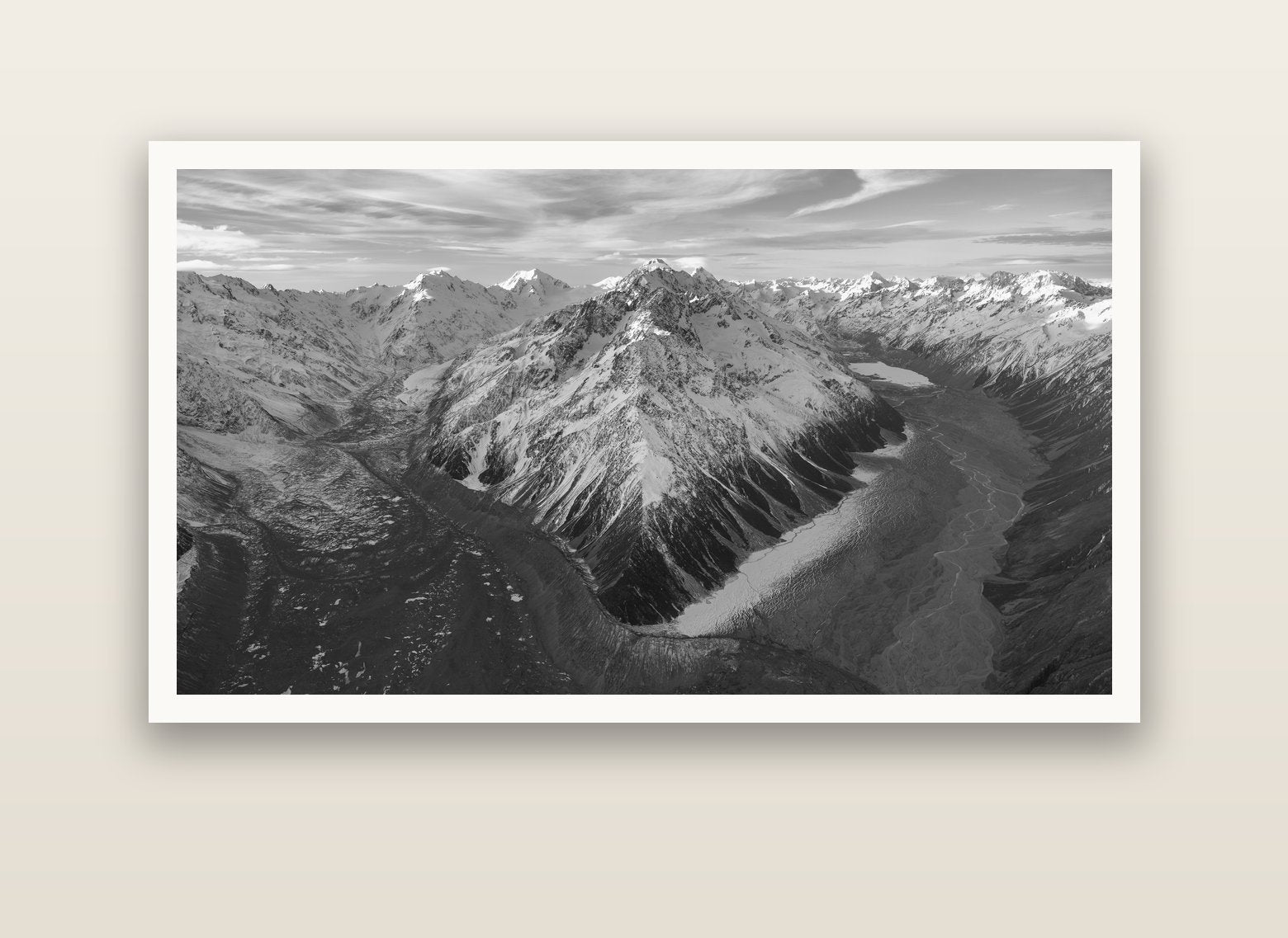 Rivers of Ice, Southern Alps — Hahnemühle fine art print, 150 × 75 cm. New Zealand fine art landscape photography by Stephen Milner.