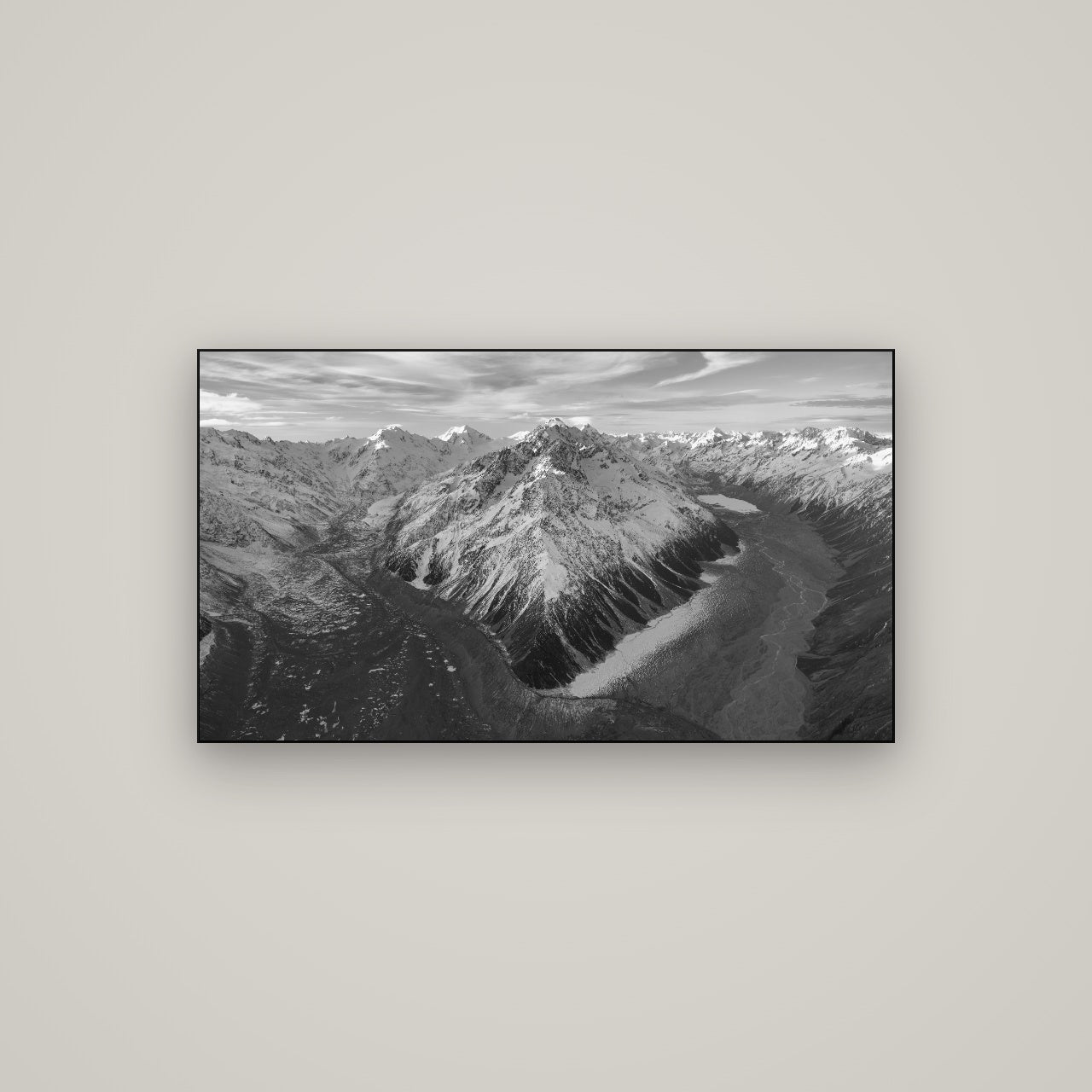 Rivers of Ice, Southern Alps — Slimline Black, 107×60 cm. New Zealand fine art wall art by Stephen Milner.
