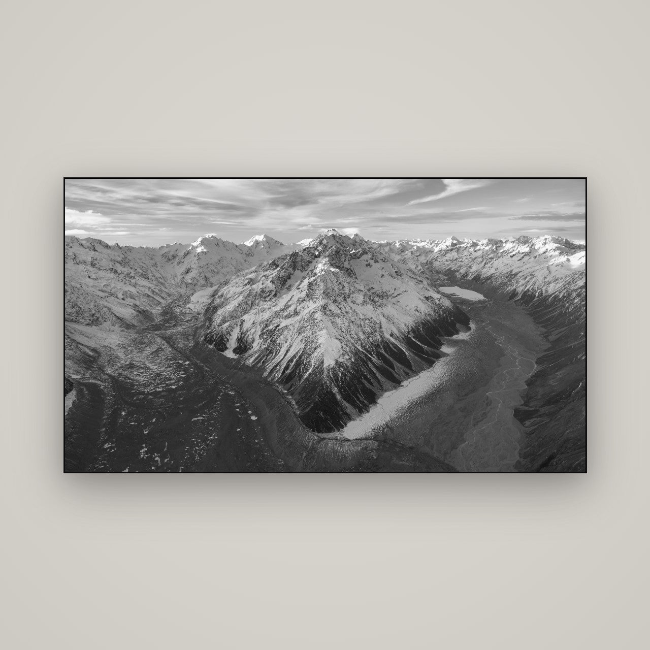 Rivers of Ice, Southern Alps — Slimline Black, 160×90 cm. New Zealand fine art wall art by Stephen Milner.