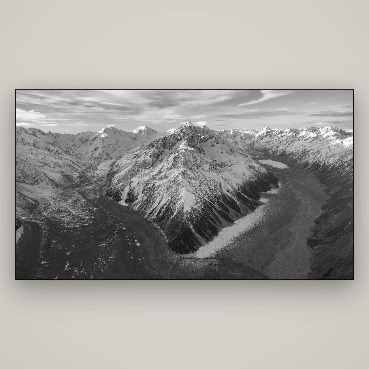 Rivers of Ice, Southern Alps — Slimline Black, 196×110 cm. New Zealand fine art wall art by Stephen Milner.