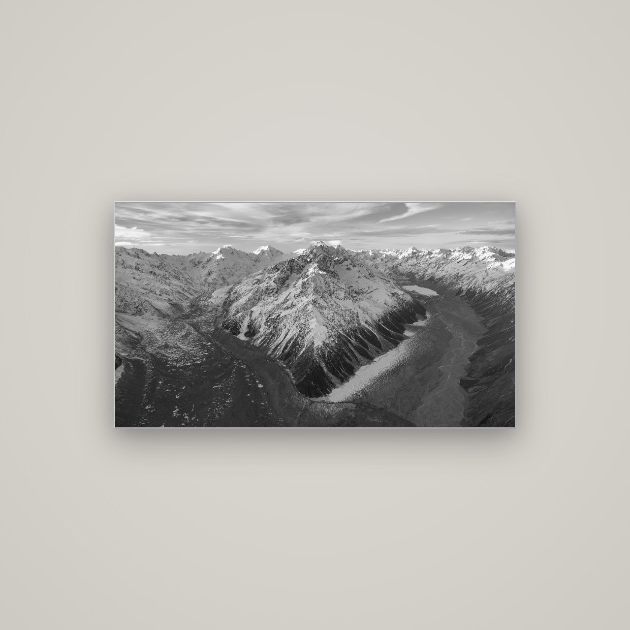 Rivers of Ice, Southern Alps — Slimline Silver, 107×60 cm. New Zealand fine art wall art by Stephen Milner.