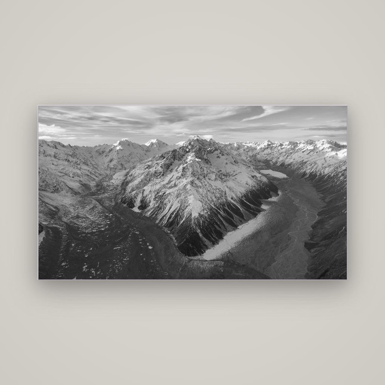 Rivers of Ice, Southern Alps — Slimline Silver, 160×90 cm. New Zealand fine art wall art by Stephen Milner.