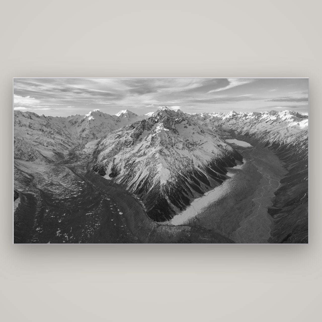 Rivers of Ice, Southern Alps — Slimline Silver, 196×110 cm. New Zealand fine art wall art by Stephen Milner.