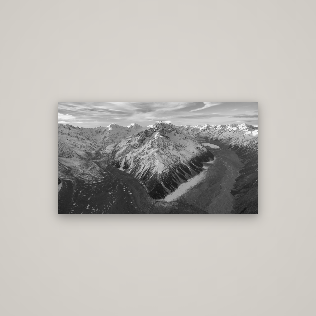Rivers of Ice, Southern Alps — No frame, 107×60 cm. New Zealand fine art wall art by Stephen Milner.