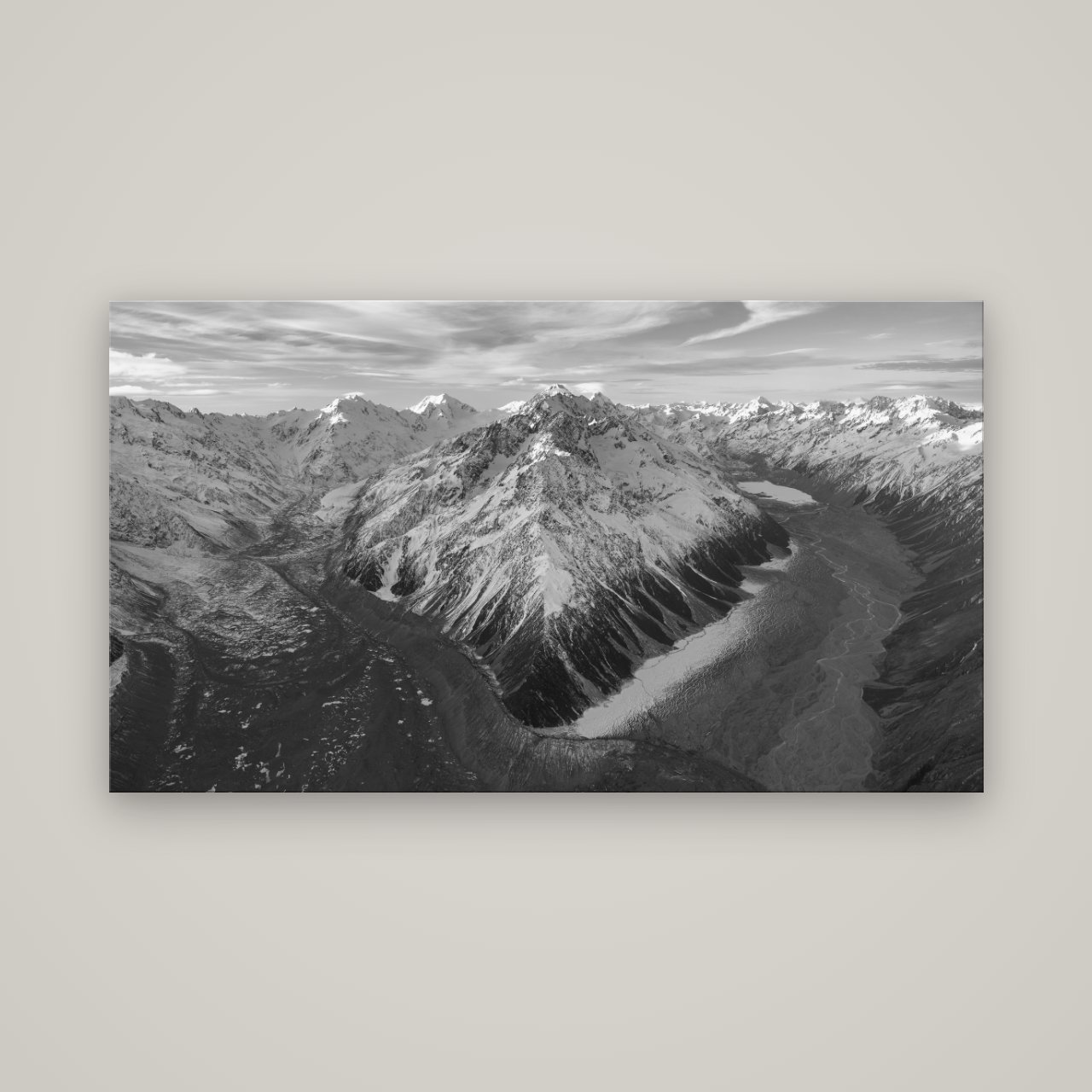 Rivers of Ice, Southern Alps — No frame, 160×90 cm. New Zealand fine art wall art by Stephen Milner.