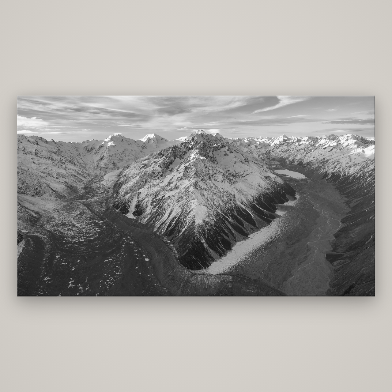 Rivers of Ice, Southern Alps — No frame, 196×110 cm. New Zealand fine art wall art by Stephen Milner.