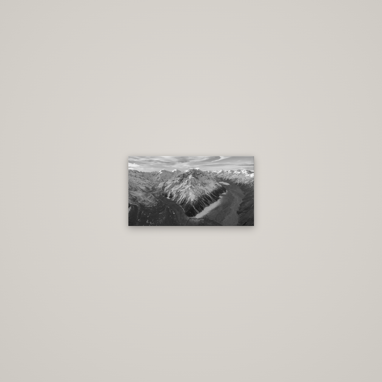 Rivers of Ice, Southern Alps — No frame, 27×15 cm. New Zealand fine art wall art by Stephen Milner.