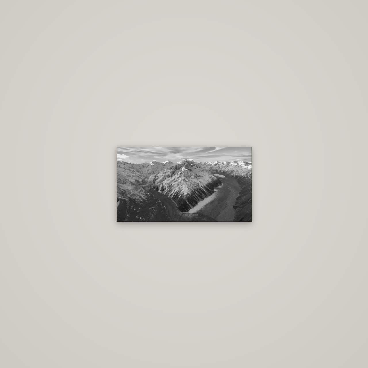 Rivers of Ice, Southern Alps — No frame, 36×20 cm. New Zealand fine art wall art by Stephen Milner.