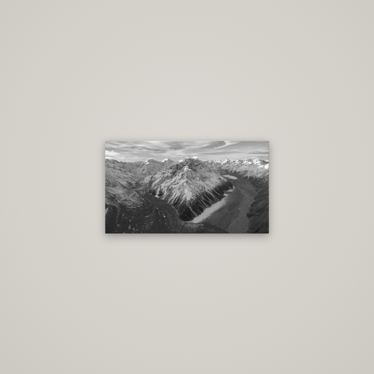 Rivers of Ice, Southern Alps — No frame, 53×30 cm. New Zealand fine art wall art by Stephen Milner.