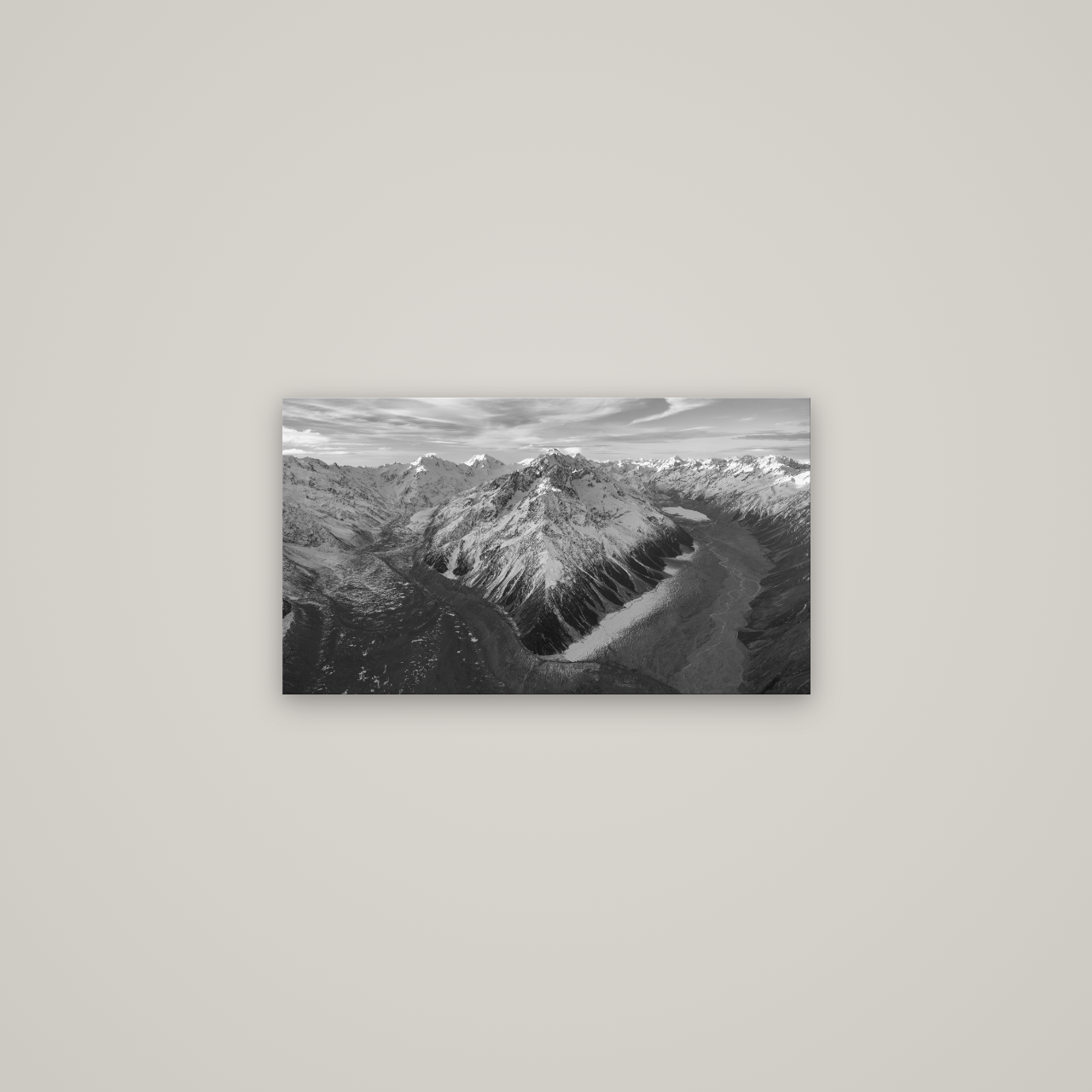 Rivers of Ice, Southern Alps — No frame, 64×36 cm. New Zealand fine art wall art by Stephen Milner.