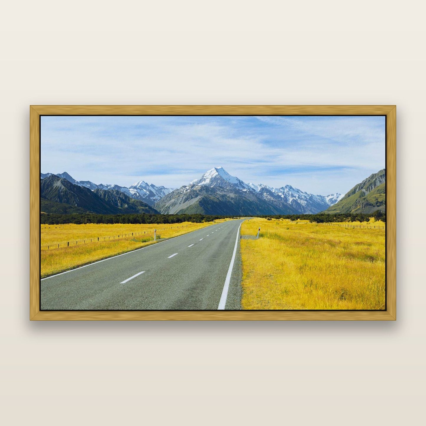 Road to the Top, Mount Cook — framed metallic canvas print, Antique Gold frame. New Zealand fine art landscape wall art by Stephen Milner.