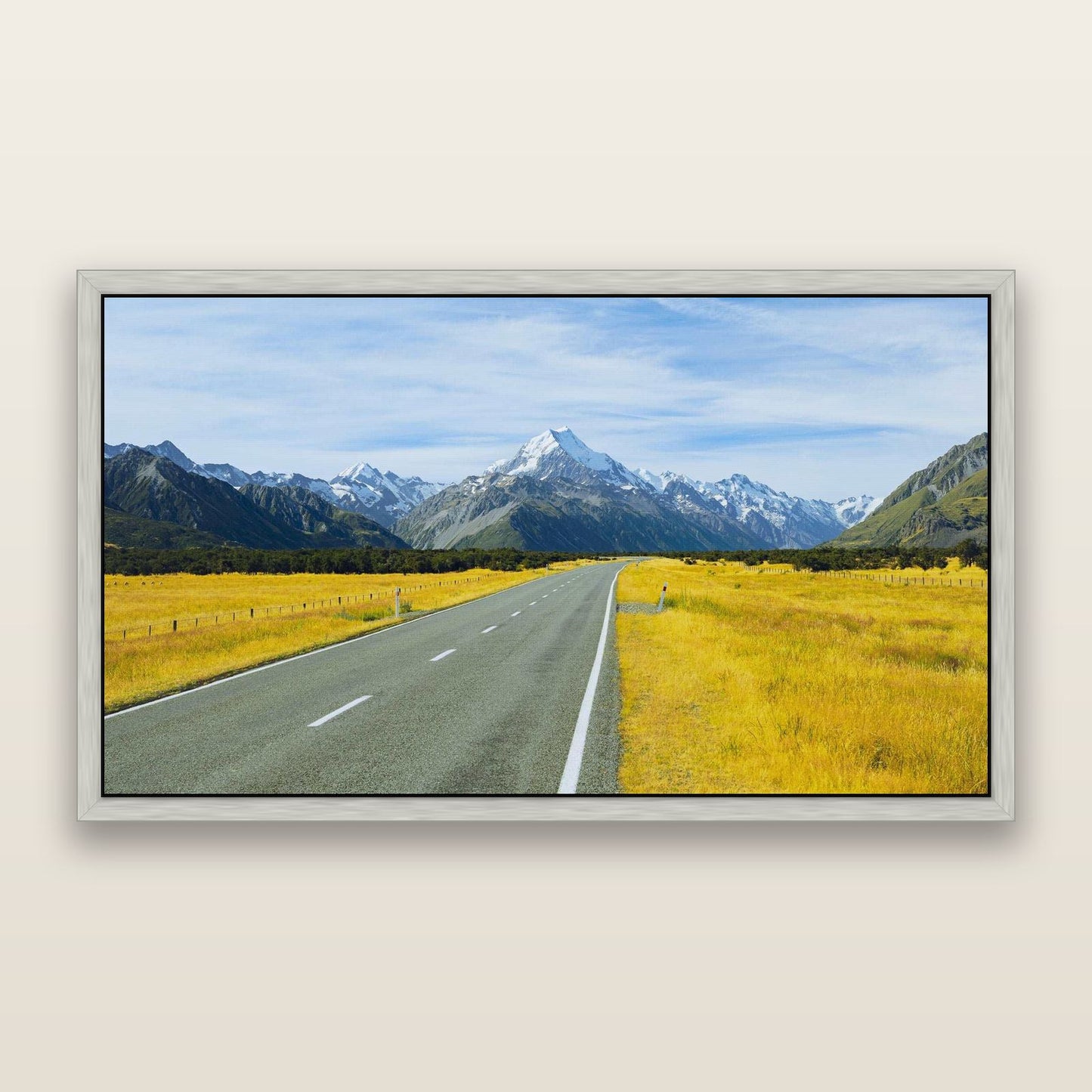 Road to the Top, Mount Cook — framed metallic canvas print, Antique Silver frame. New Zealand fine art landscape wall art by Stephen Milner.