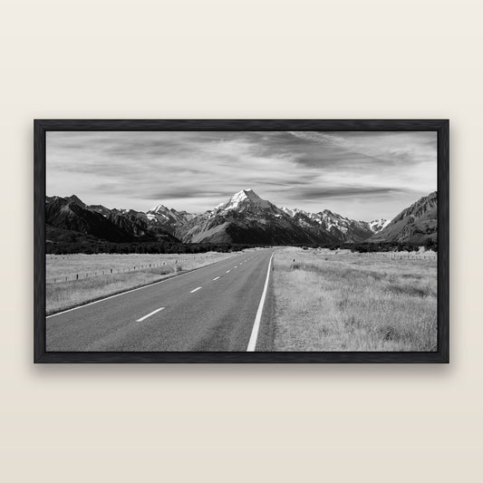 Road to the Top, Mount Cook, black and white framed metallic canvas print, Black frame. New Zealand fine art wall art by Stephen Milner.
