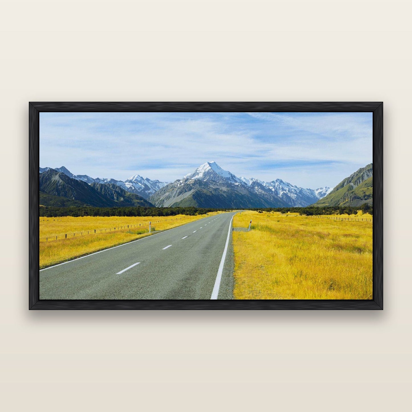 Road to the Top, Mount Cook — framed metallic canvas print, Black frame. New Zealand fine art landscape wall art by Stephen Milner.