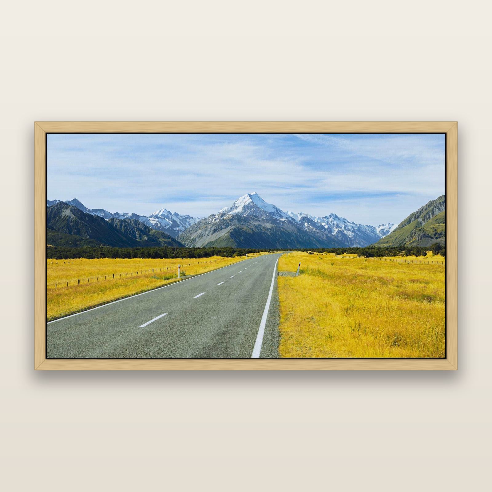 Road to the Top, Mount Cook — framed metallic canvas print, Natural frame. New Zealand fine art landscape wall art by Stephen Milner.