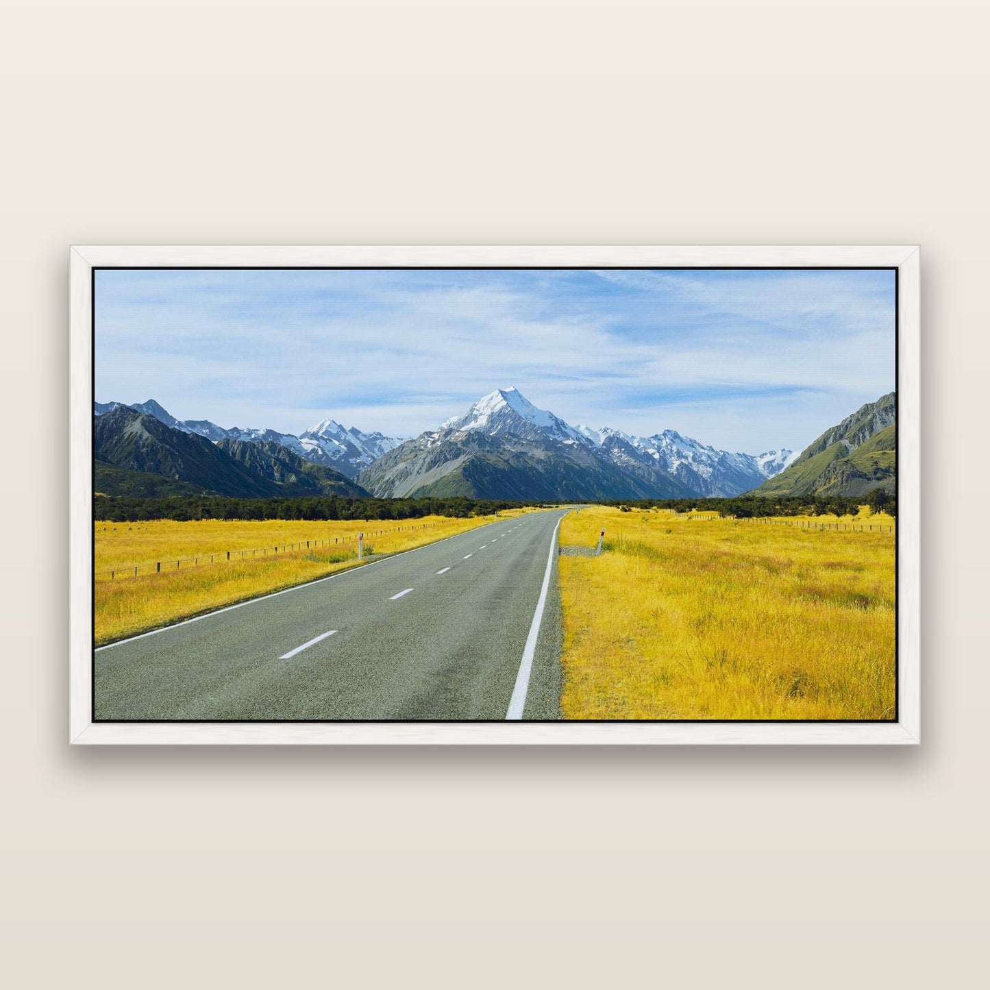 Road to the Top, Mount Cook — framed metallic canvas print, White frame. New Zealand fine art landscape wall art by Stephen Milner.