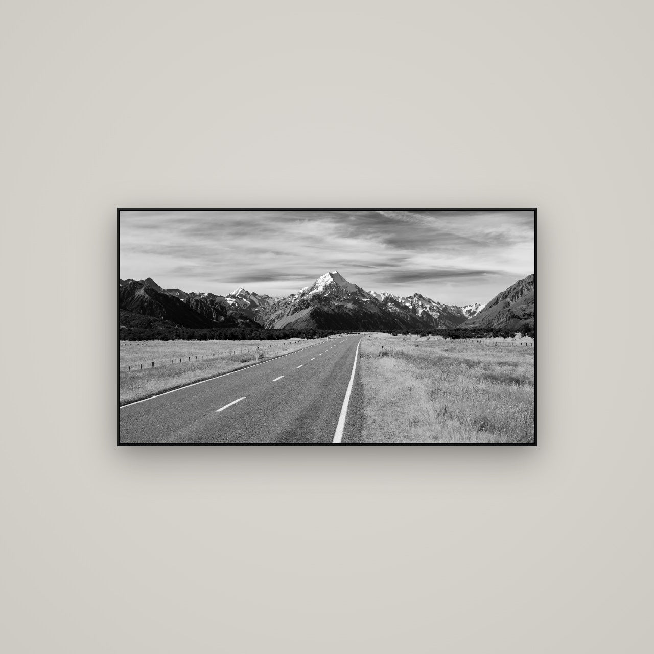 Road to the Top, Mount Cook — ArtBox Black, 107×60 cm. New Zealand fine art wall art by Stephen Milner.