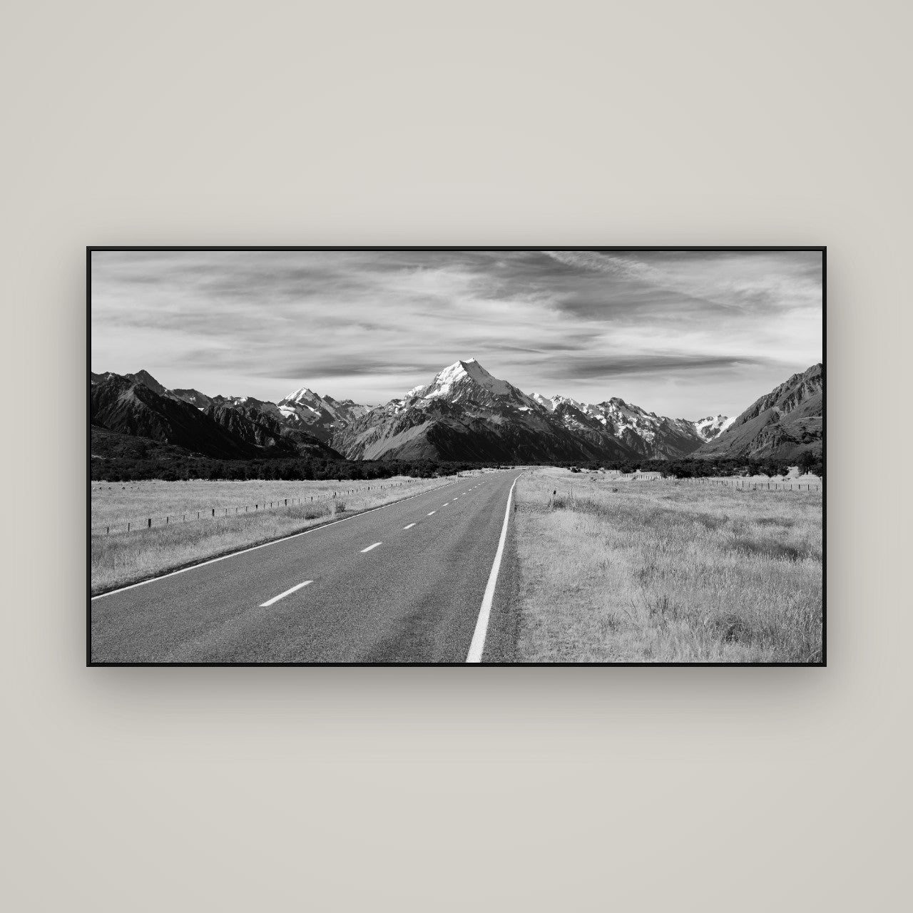 Road to the Top, Mount Cook — ArtBox Black, 160×90 cm. New Zealand fine art wall art by Stephen Milner.