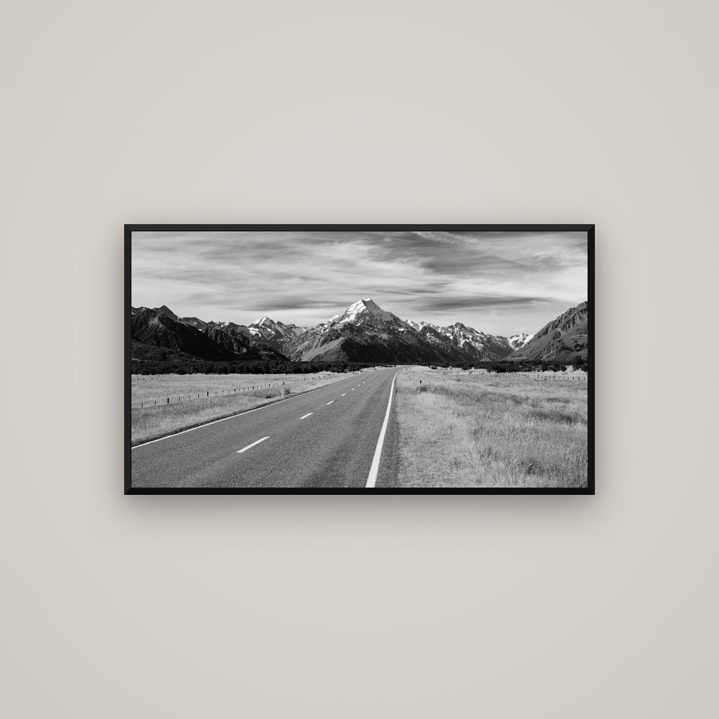 Road to the Top, Mount Cook — Basel Black Matte, 107×60 cm. New Zealand fine art wall art by Stephen Milner.