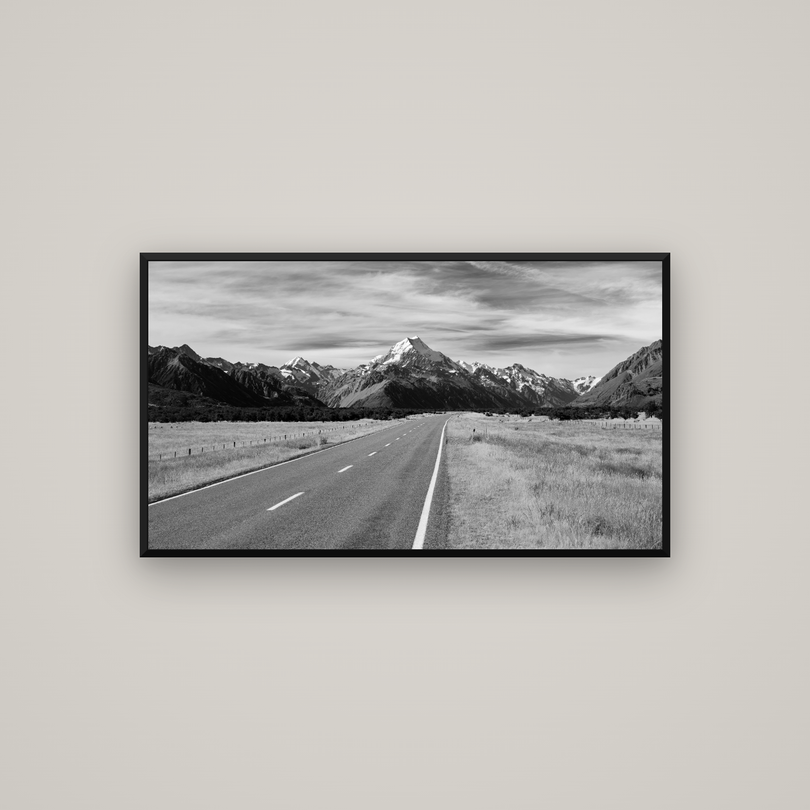 Road to the Top, Mount Cook — Basel Black Matte, 107×60 cm. New Zealand fine art wall art by Stephen Milner.