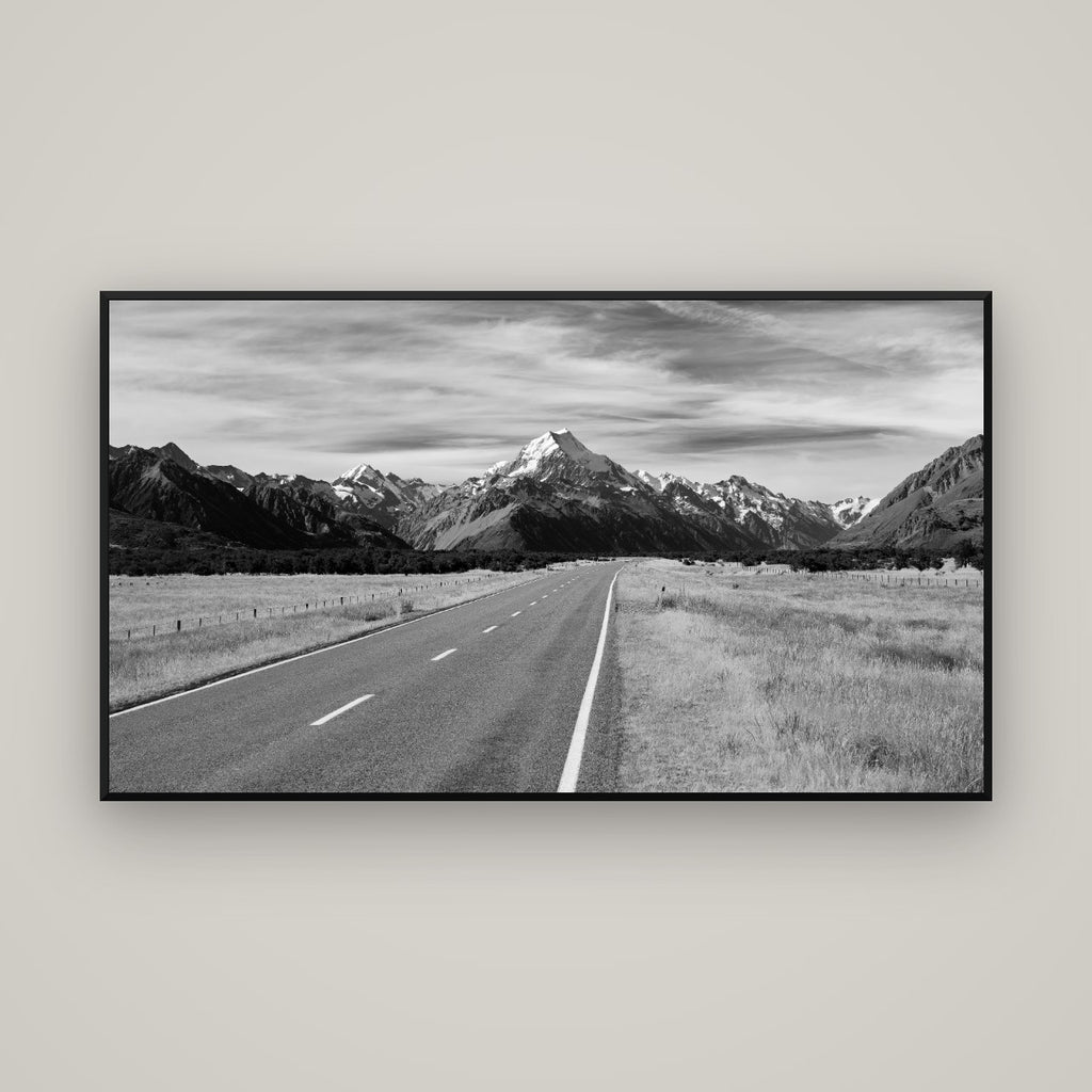 Road to the Top, Mount Cook — Basel Black Matte, 160×90 cm. New Zealand fine art wall art by Stephen Milner.
