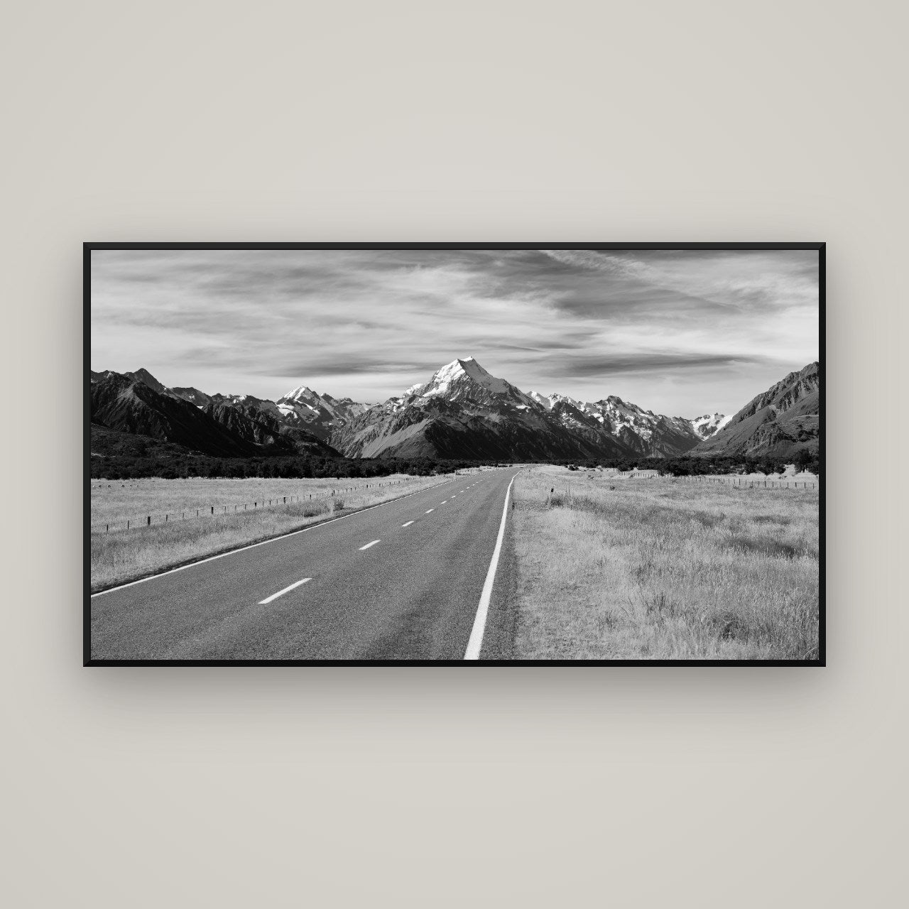 Road to the Top, Mount Cook — Basel Black, 160×90 cm. New Zealand fine art wall art by Stephen Milner.