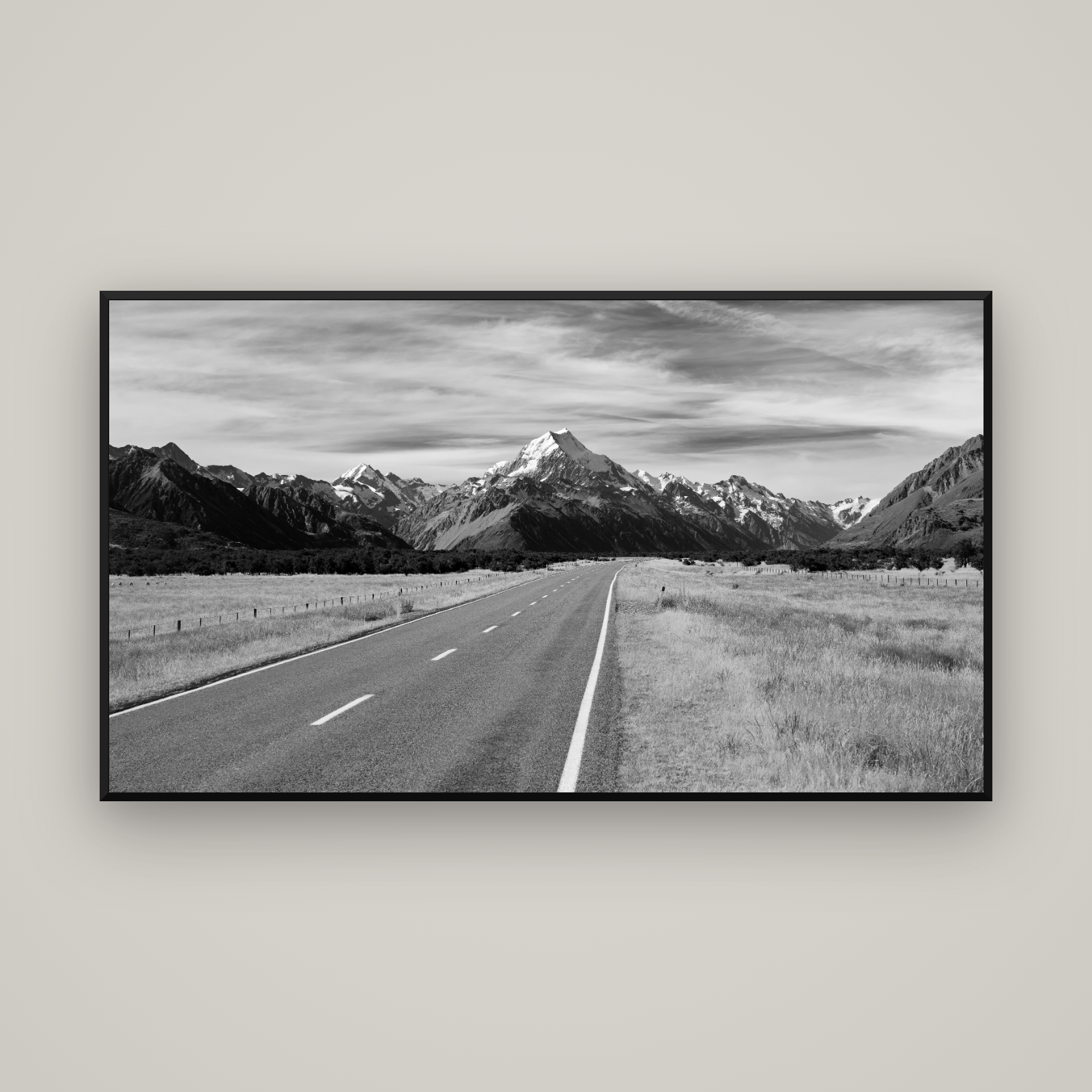 Road to the Top, Mount Cook — Basel Black Matte, 160×90 cm. New Zealand fine art wall art by Stephen Milner.