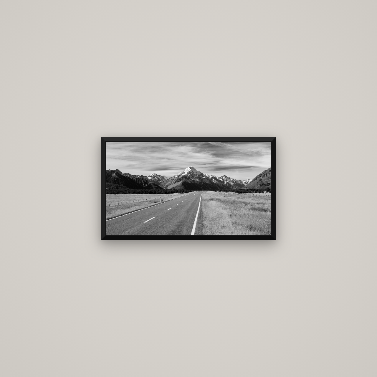 Road to the Top, Mount Cook — Basel Black Matte, 53×30 cm. New Zealand fine art wall art by Stephen Milner.