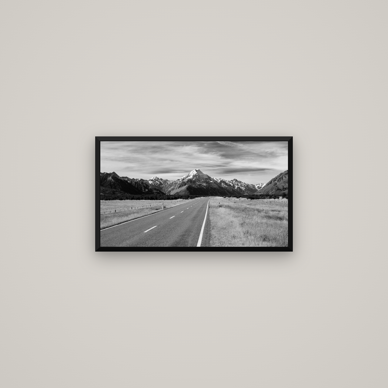 Road to the Top, Mount Cook — Basel Black Matte, 64×36 cm. New Zealand fine art wall art by Stephen Milner.
