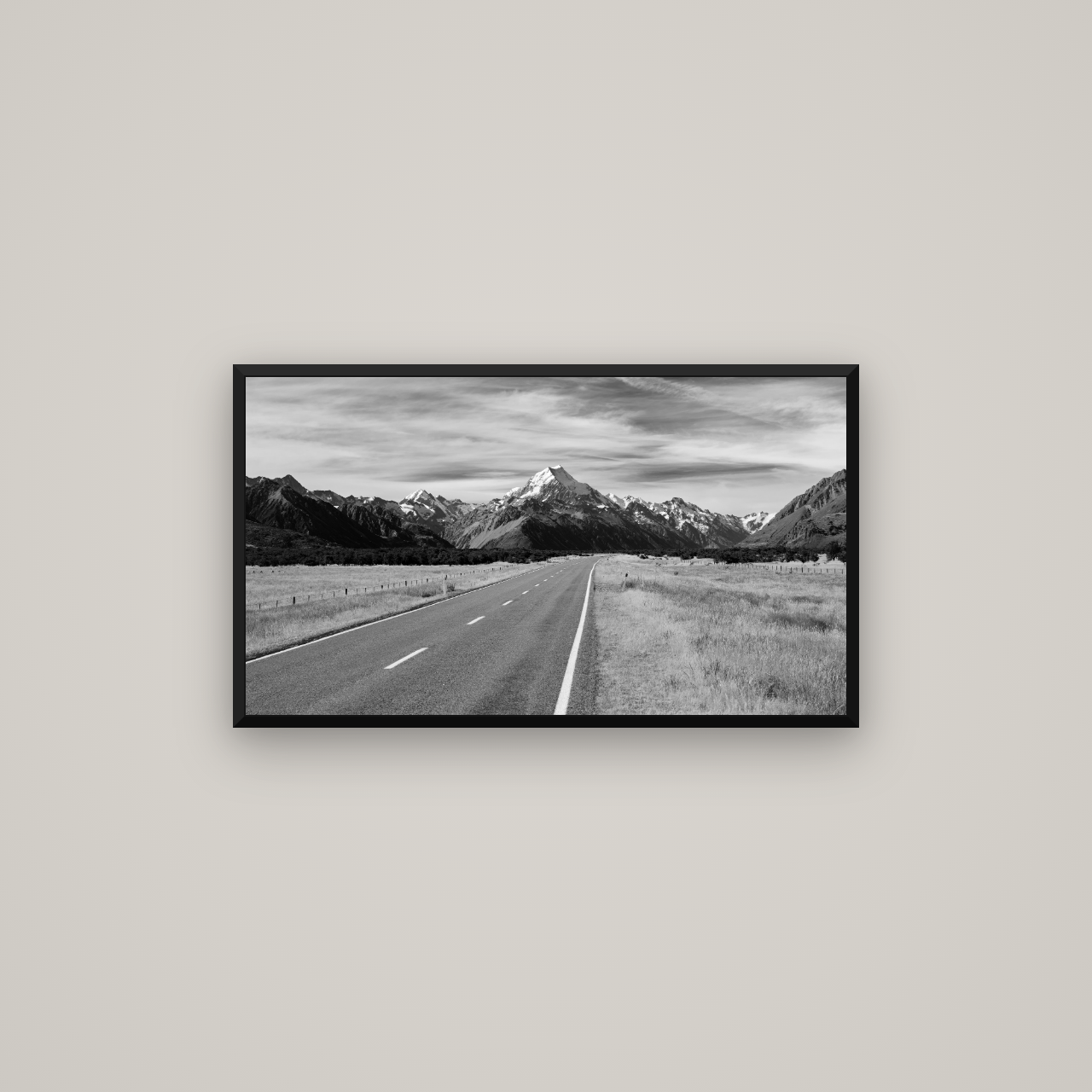 Road to the Top, Mount Cook — Basel Black Matte, 80×45 cm. New Zealand fine art wall art by Stephen Milner.