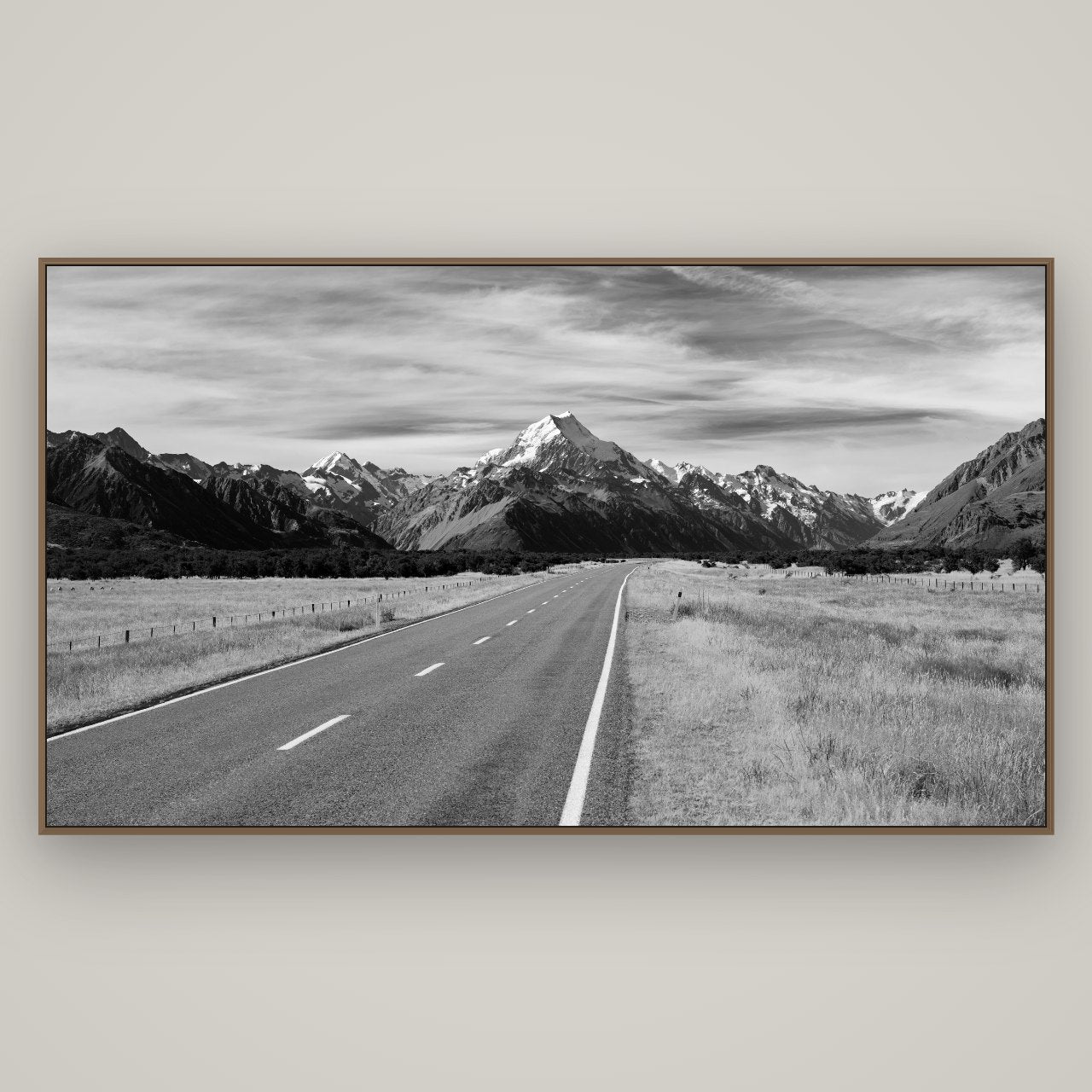 Road to the Top, Mount Cook, Basel Walnut, 196×110 cm. New Zealand fine art wall art by Stephen Milner.