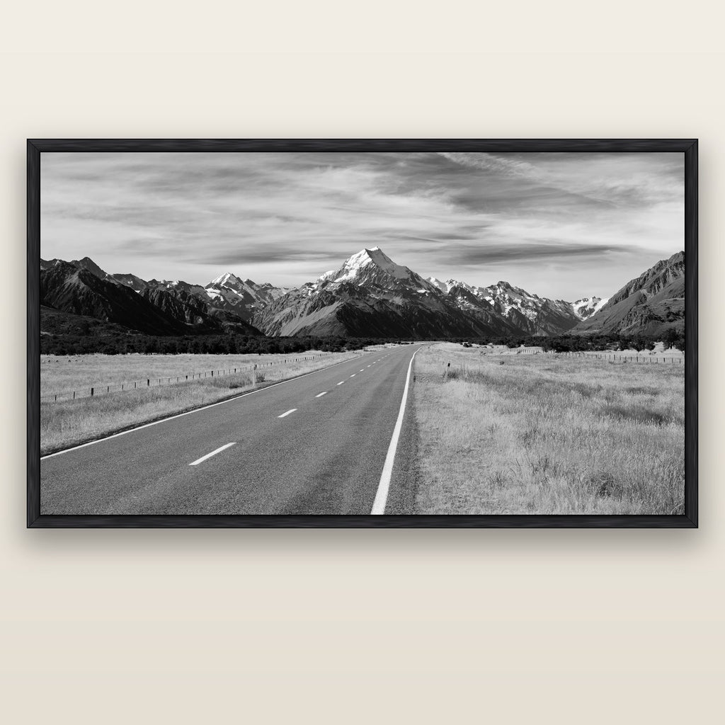 Road to the Top, Mount Cook — black float frame canvas, 200 × 130 cm. New Zealand fine art landscape wall art by Stephen Milner.