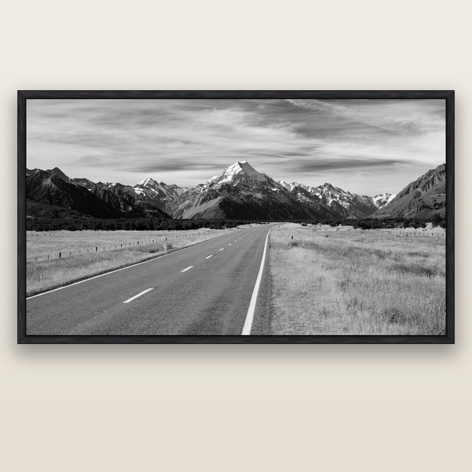 Road to the Top, Mount Cook — black float frame canvas, 200 × 130 cm. New Zealand fine art landscape wall art by Stephen Milner.