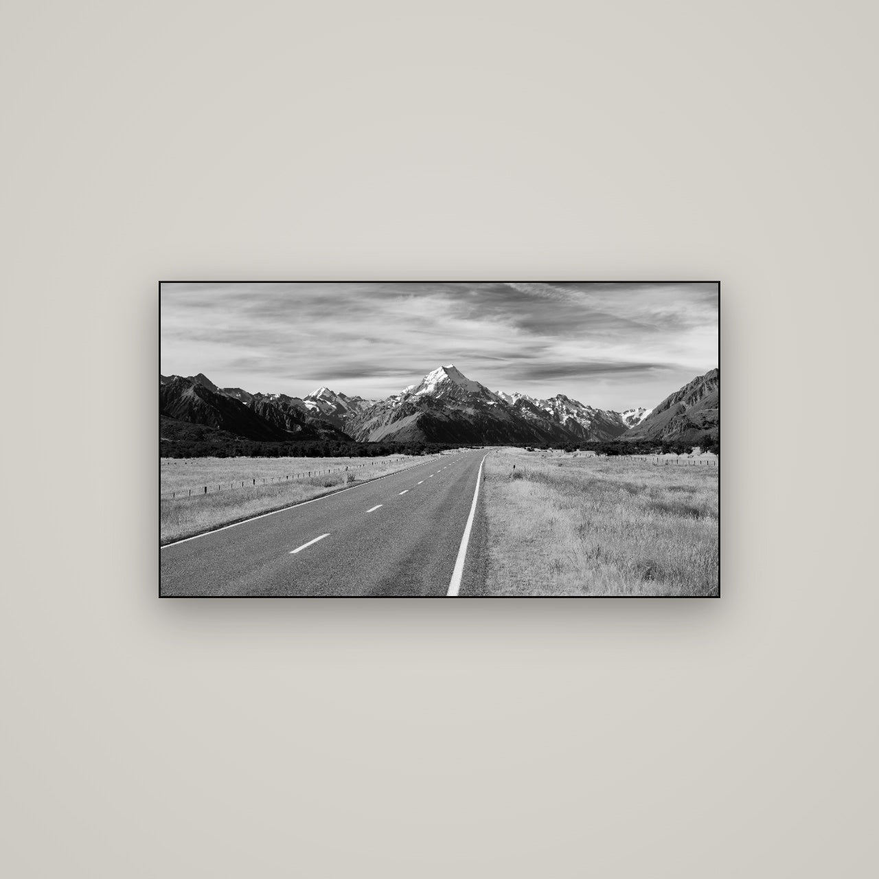 Road to the Top, Mount Cook — Slimline Black, 107×60 cm. New Zealand fine art wall art by Stephen Milner.