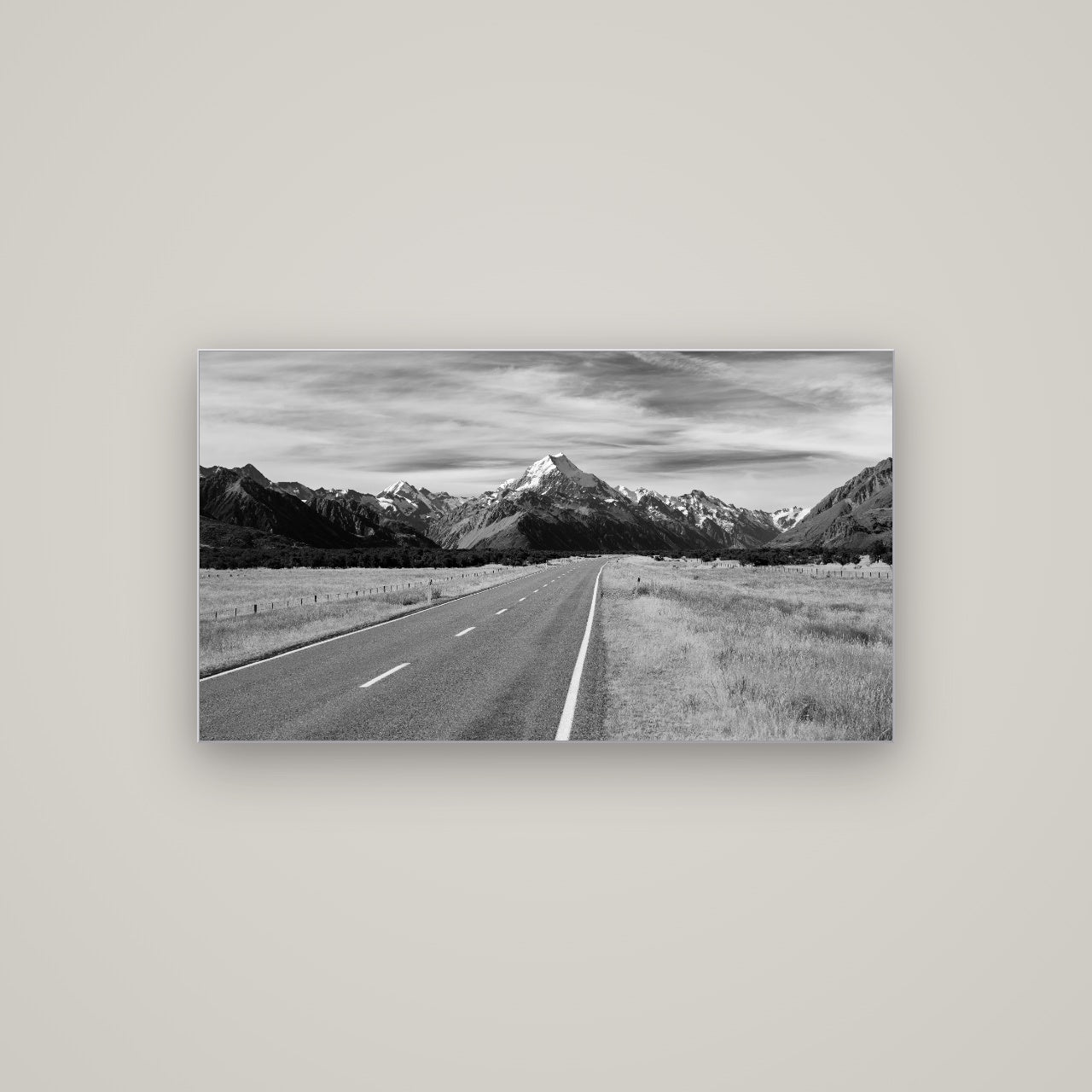 Road to the Top, Mount Cook — Slimline Silver, 107×60 cm. New Zealand fine art wall art by Stephen Milner.