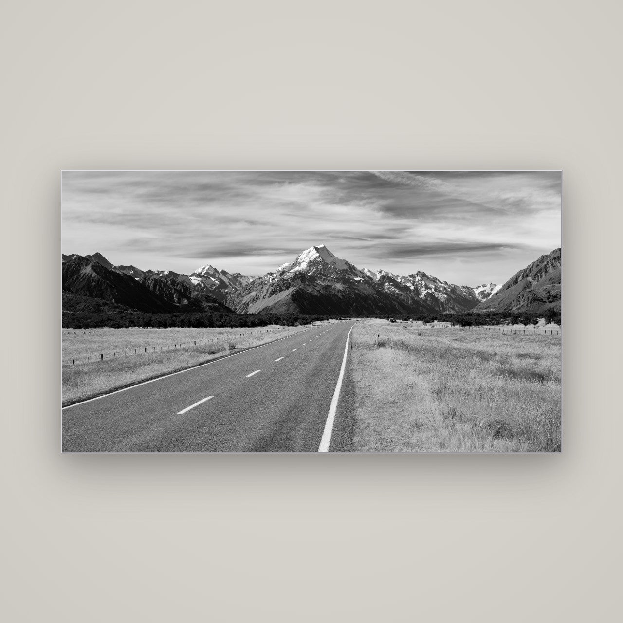 Road to the Top, Mount Cook — Slimline Silver, 160×90 cm. New Zealand fine art wall art by Stephen Milner.