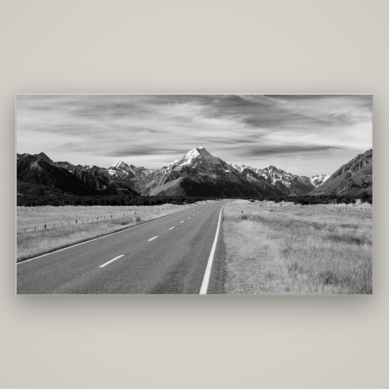 Road to the Top, Mount Cook — Slimline Silver, 196×110 cm. New Zealand fine art wall art by Stephen Milner.