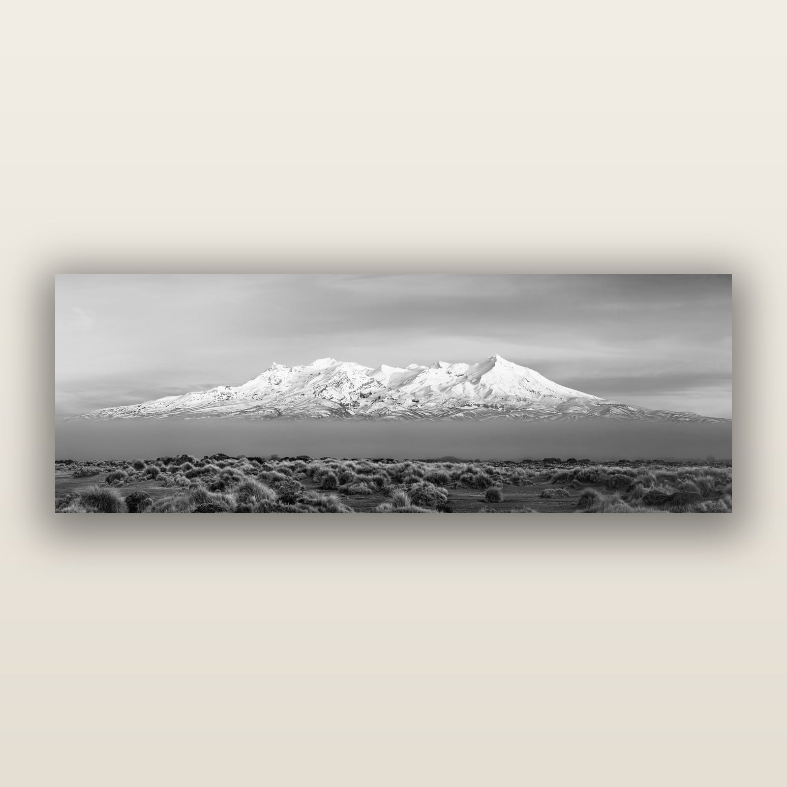 Ruapehu, The Floating Volcano, black and white frameless acrylic glass print. New Zealand fine art photography by Stephen Milner.