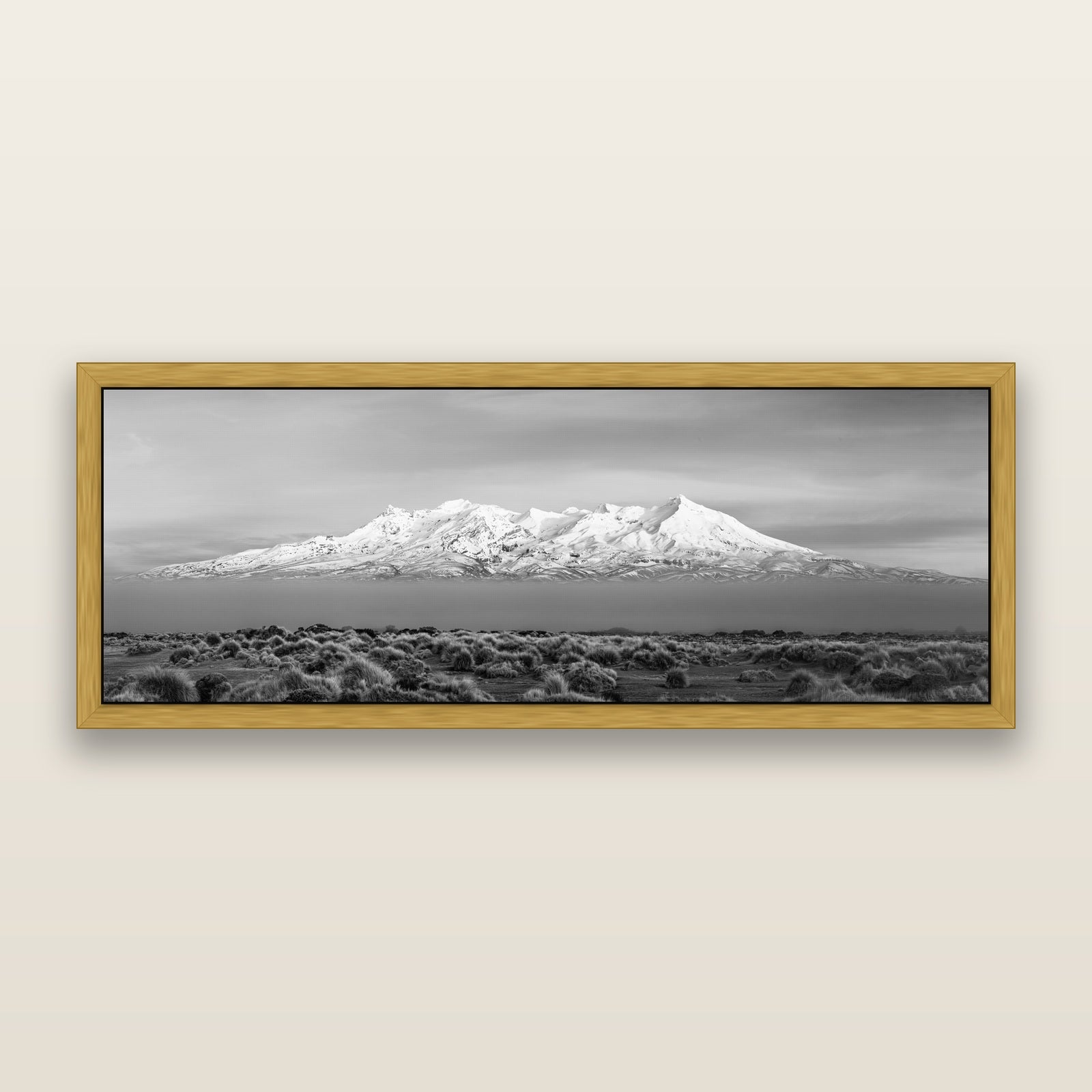 Ruapehu, The Floating Volcano, black and white framed metallic canvas print, Antique Gold frame. New Zealand fine art wall art by Stephen Milner.