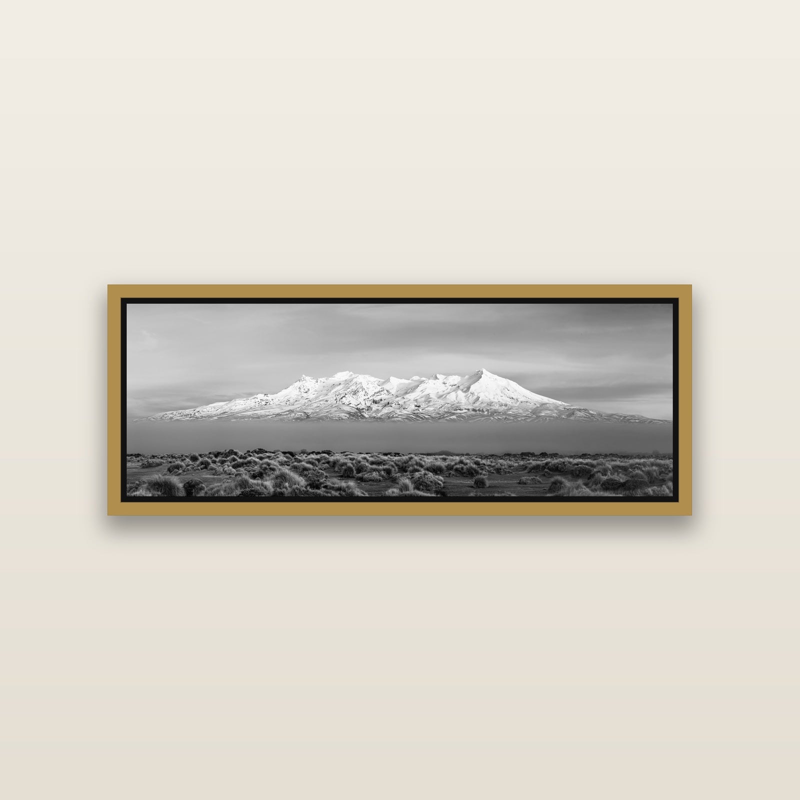 Ruapehu, The Floating Volcano — Antique Gold framed metallic canvas print, small 86 × 30 cm. New Zealand fine art landscape wall art by Stephen Milner.