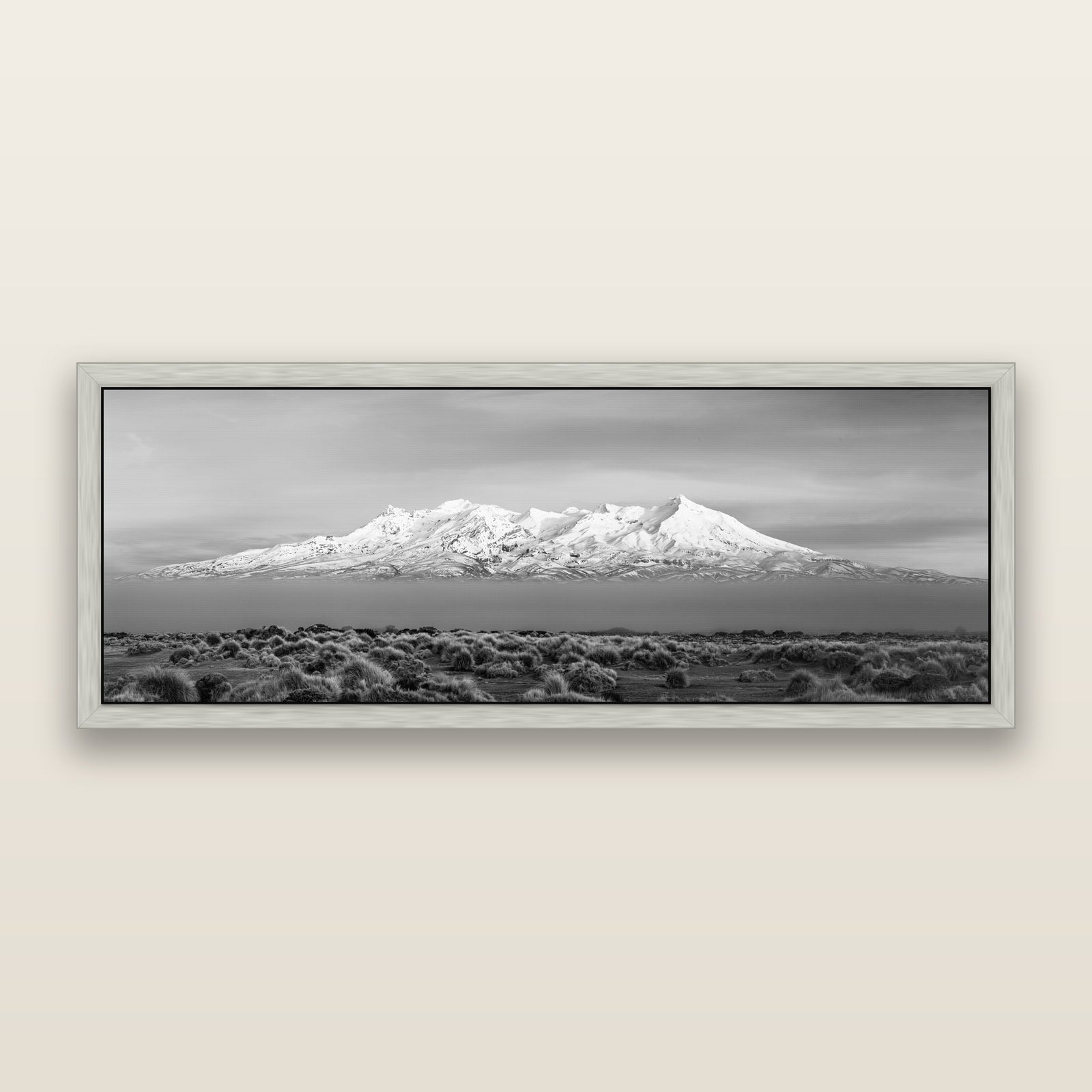 Ruapehu, The Floating Volcano, black and white framed metallic canvas print, Antique Silver frame. New Zealand fine art wall art by Stephen Milner.