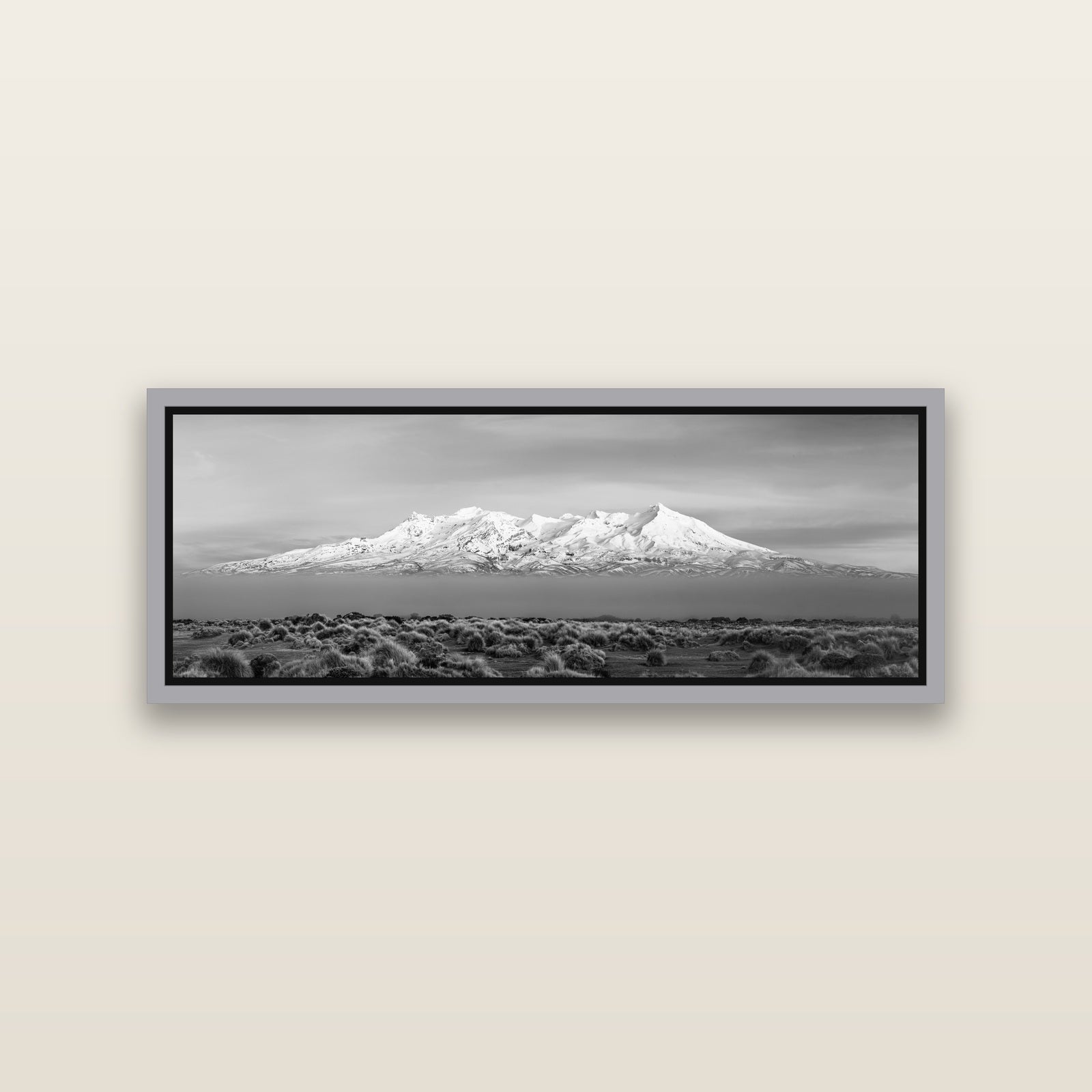 Ruapehu, The Floating Volcano — Antique Silver framed metallic canvas print, small 86 × 30 cm. New Zealand fine art landscape wall art by Stephen Milner.
