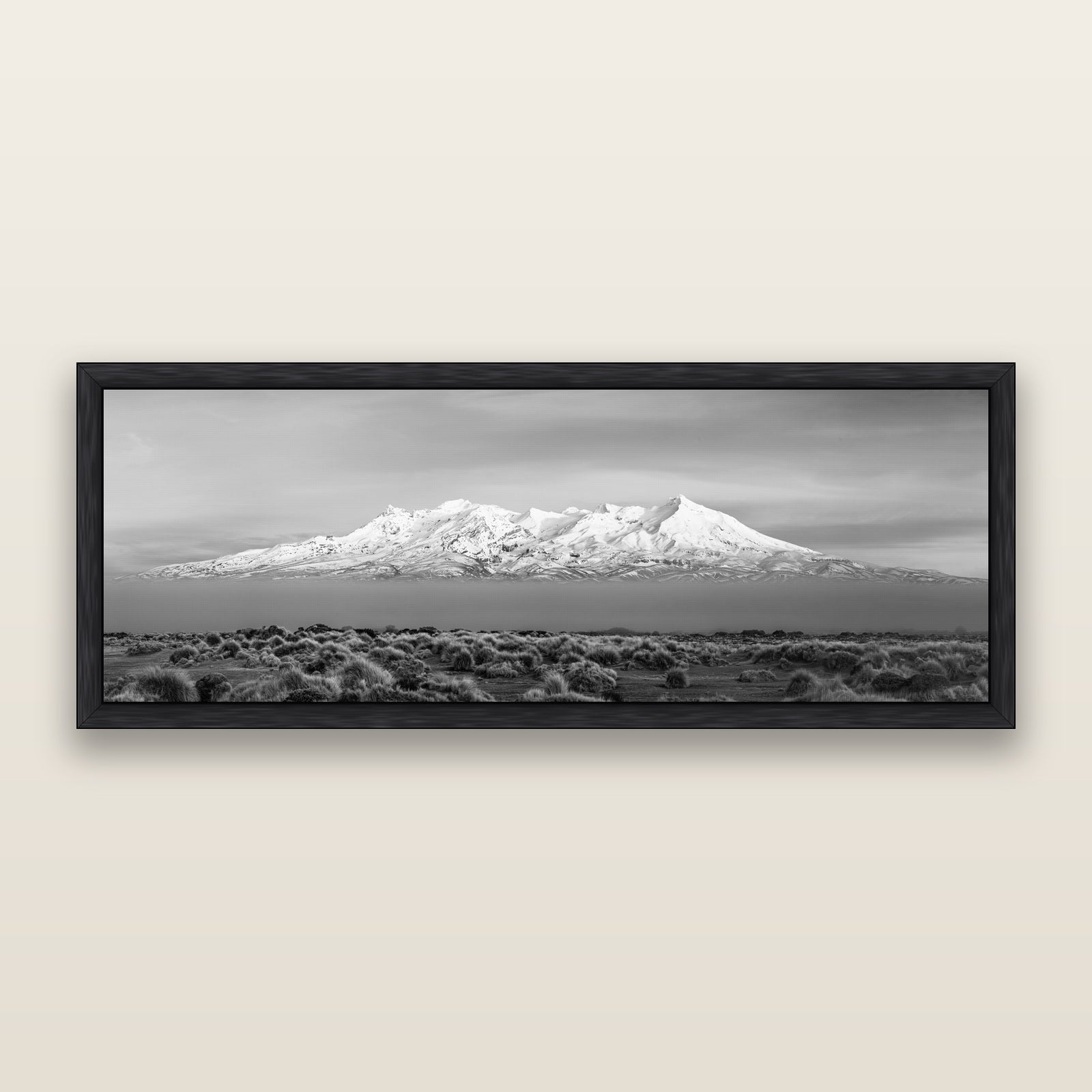 Ruapehu, The Floating Volcano, black and white framed metallic canvas print, Black frame. New Zealand fine art wall art by Stephen Milner.